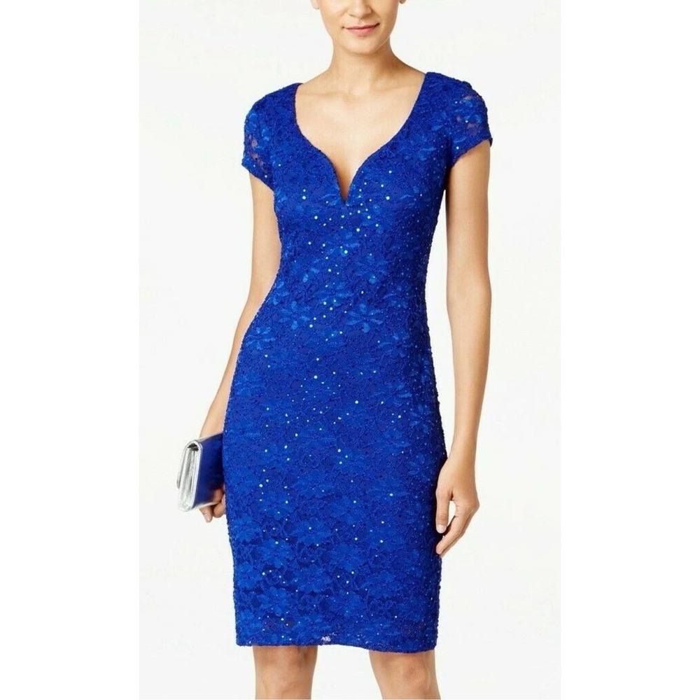 Connected Apparel Gracie Cobalt Blue Stretch Sequin Lace Sheath Dress, size 14